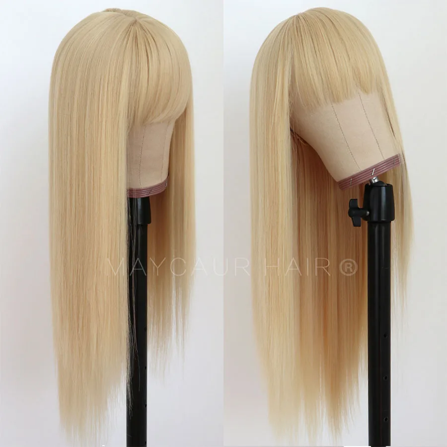 Maycaur Blonde Synthetic Hair Wigs with Full Bangs #613 Color Long Straight Women's Wig Heat Resistant Synthetic No Lace Front Wig (3)
