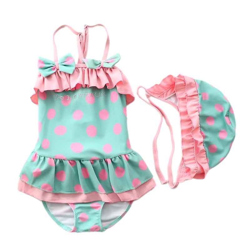 Kids Swimwear for Girls Polka Dots Swimsuit Ruffles Bathing Suit with Caps Lovely Toddler Baby Swimsuit Clothing