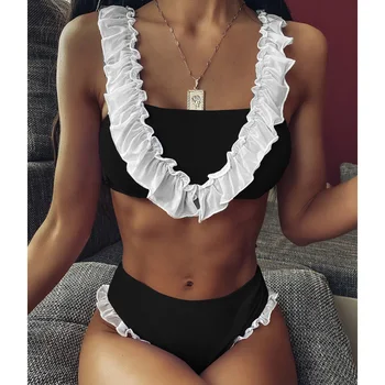 

Vigorashely Lace Ruffle Swimwear Women 2020 Sexy Bikini Set Retro High Waist Swimsuit Female Solid Bikini Bathing Suit Swim Wear