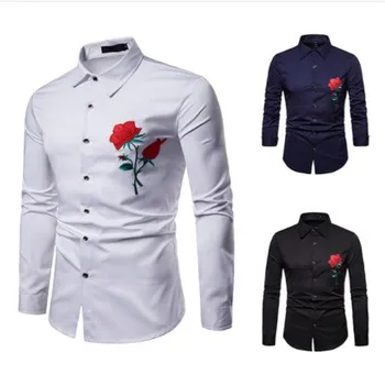 

2018 High Quality Men Shirt Fashion Brand Long Sleeve Shirt Court Style Embroidered Henry Collars Casual Slim Fit Male Shirts