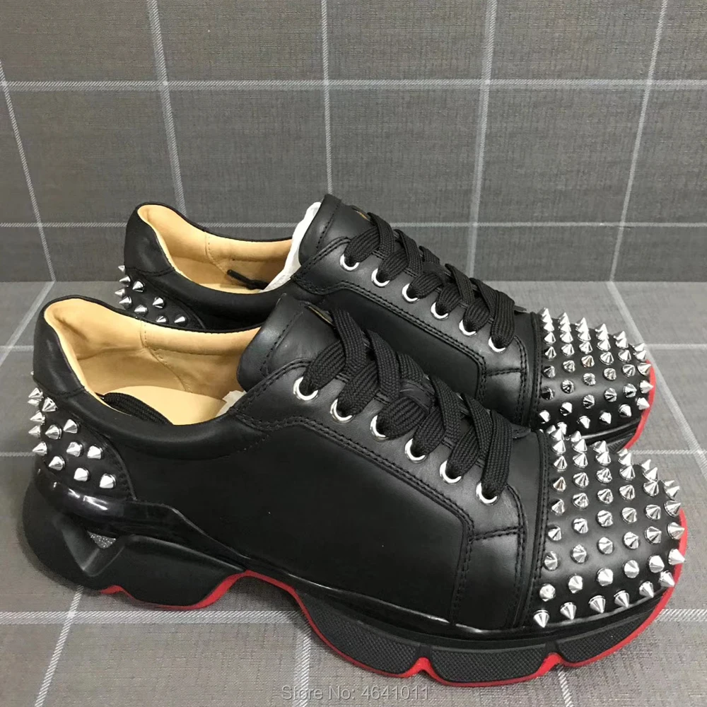 Cl andgz/черные кожаные кроссовки с красной подошвой и низким вырезом; Мужская Спортивная обувь; серебристая Серебряная ЗАКЛЕПКА; повседневные лоферы на плоской подошве