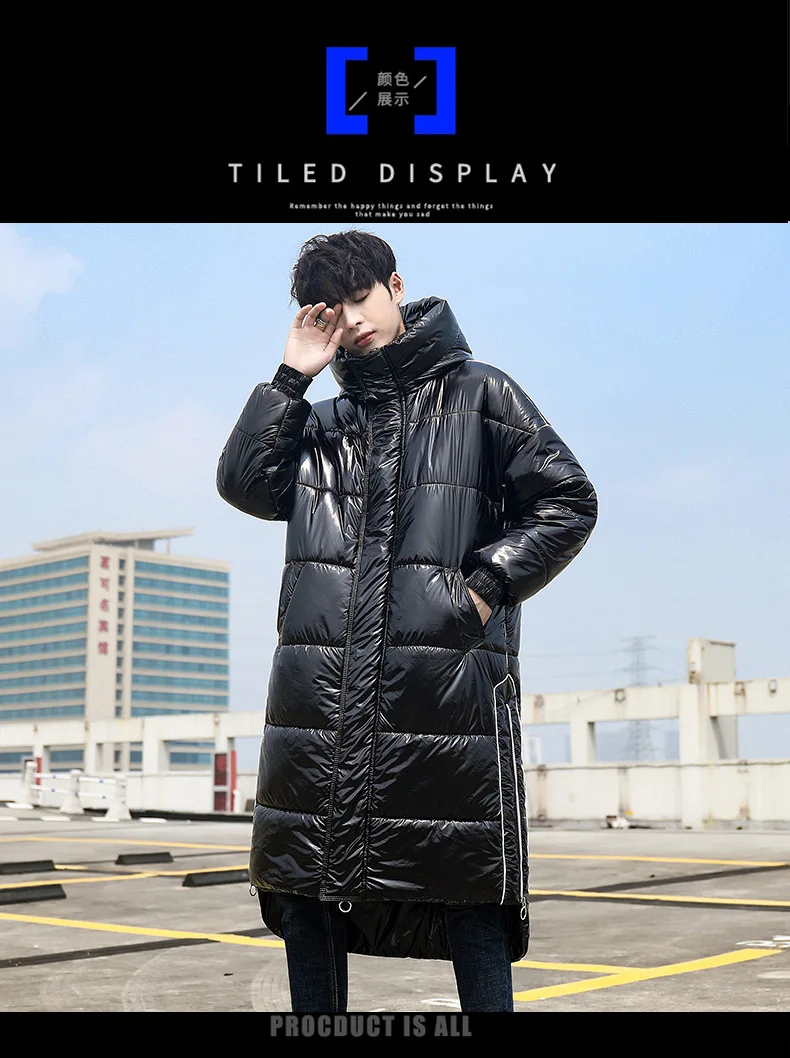 New Style Men Bright Surface down Jacket Cotton-padded Clothes Korean-style Teenager Men Mid-length Cotton Overcoat