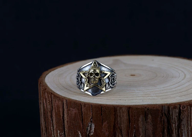 FNJ Skull Star Flower Ring 925 Silver Jewelry New Fashion Punk S925 Sterling Silver Rings for Men Adjustable Size bague