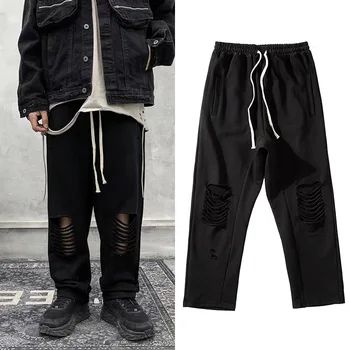 

Original New Knee Hole Elastic Black Sweatpants Men Joggers Loose Casual Hip Hop Japanese Sweat Pants Pantalones Hombre Trousers