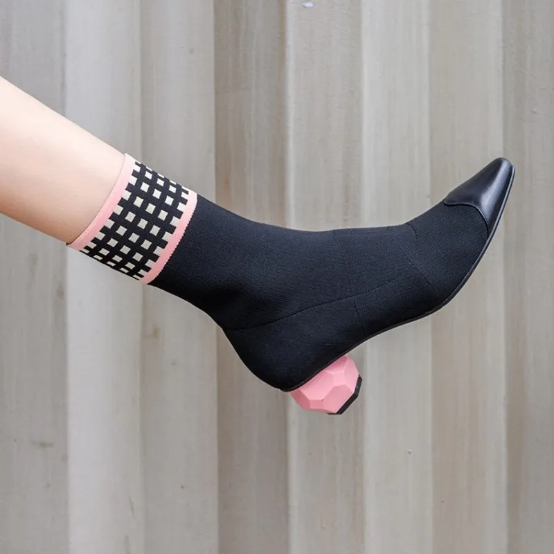 

Womens Pointed Toe Knitted Knitting Ankle Boots Strange Egg Heel Pull On Plaid Warm Winter&Spring Styles Shoes New Arrival A1885
