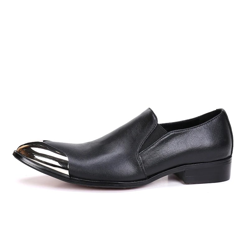 Christia Bella Business Formal Metal Pointed Toe Large Size Man Shoes Classical Black Genuine Leather Male Party Dress Shoes