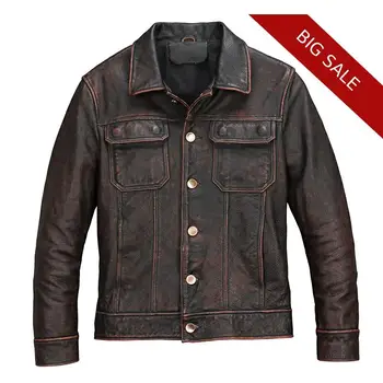 

2020 Vintage Brown Men American Casual Style Leather Jacket Single Breasted Plus Size 5XL Genuine Cowhide Autumn Leather Coat
