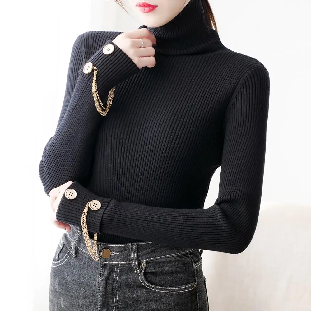 

Women Sweater Slim Vintage Clothes Knitted Turtleneck Elastic Fall Winter Women Pullovers Solid Color Button Knitted Sweater