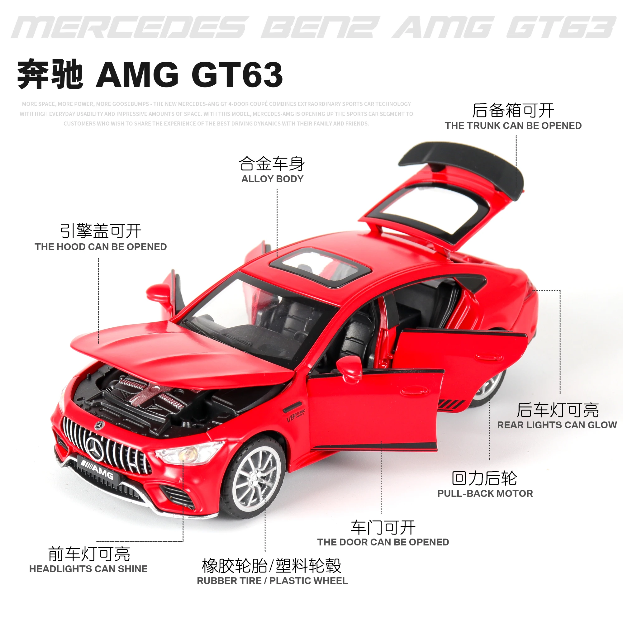 1:32 Car Model Mercedes AMG GT63 Diecasts Toy Vehicles Alloy Racing Sports Sound And Light Pull Back Wheel For Children Gifts