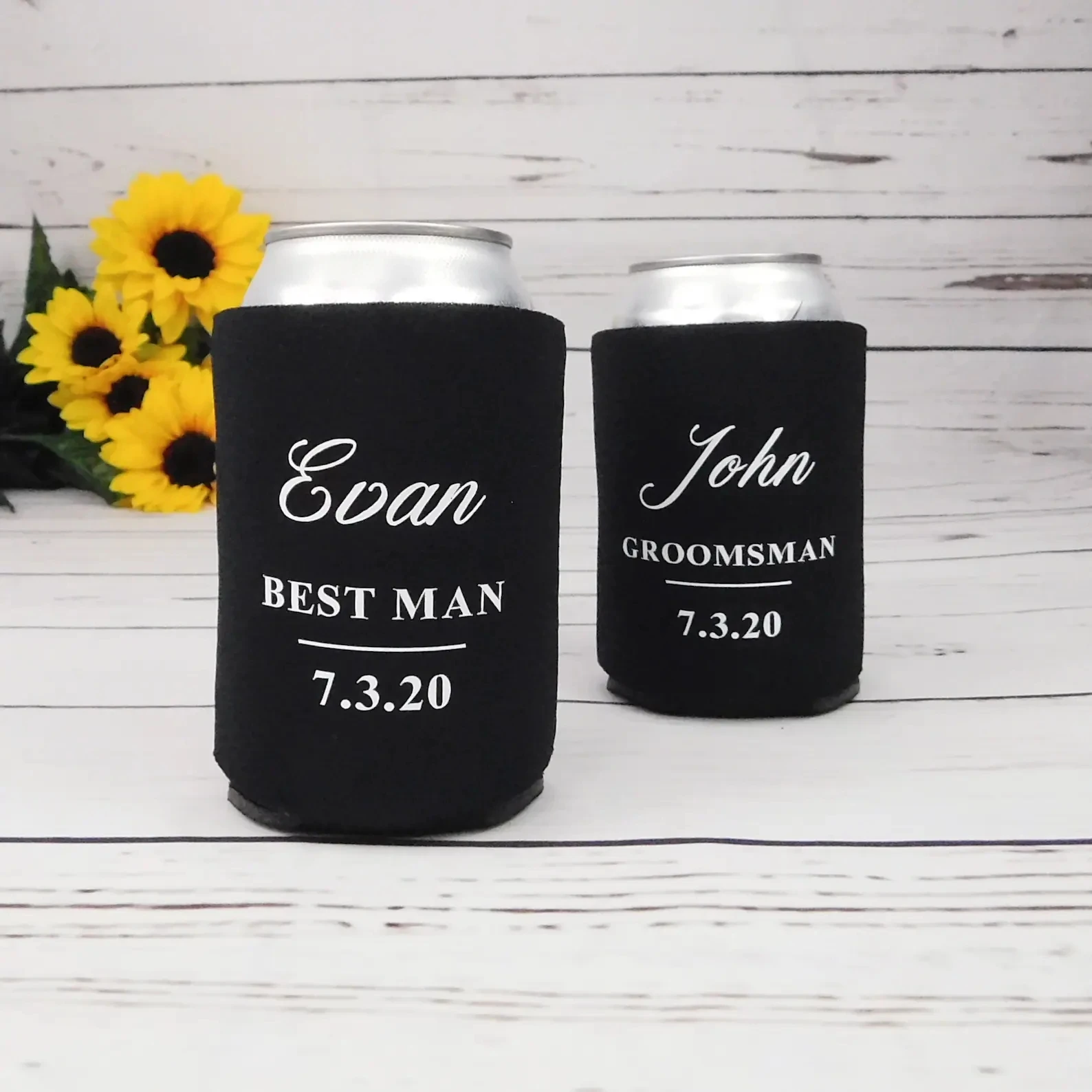 Custom Name Wedding Can Cooler Beverage Insulators Wedding Favor Beer Holder Personalized Groom Bestman Can Holders with Date