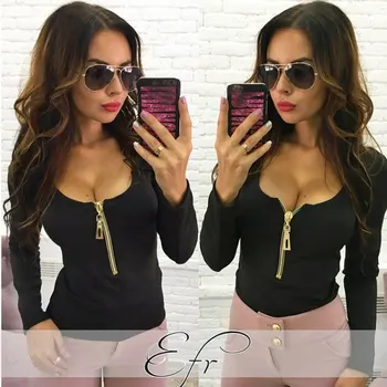 

Women zippers Tee Shirt Cozy Long Sleeve o-neck Tops Sexy chiffon black T Shirt