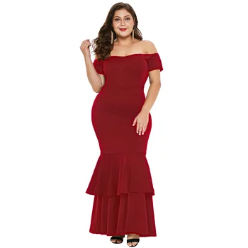 

New plus size Mermaid Dress Female Sense Off Shoulder Short Sleeve High Waist Slim Long Dress Large Size Clothes party dress