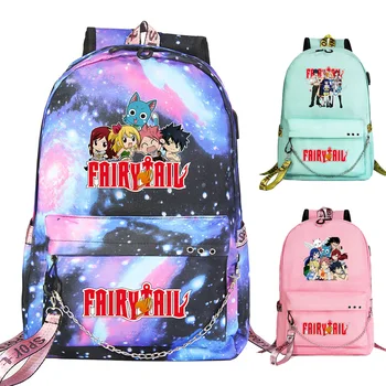 

New Cartoon Boys Girls Kids School bag Kawaii Fairy Tail Prints Women USB Chain Backpack Canvas Men Bagpack Packsack Bookbag