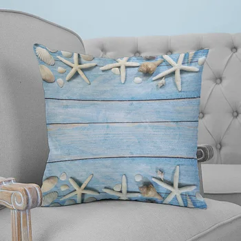 

Beach Starfish Blue Wooden Texture Printed Throw Pillow Case Plush fabric Pillowcase Home Decorative Pillow Hot