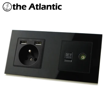 

FR Plug Power Socket 16A USB Phone Charging RJ45 TV Port Computer Television 2 Gang Double Socket Black Glass Frame 172mm*86mm