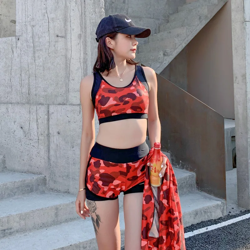 

Bathing Suit Female Sports-Style Long Sleeve Blouse Split Type Boxer Three-piece Set Tour Bathing Suit Hot Springs Swimwear