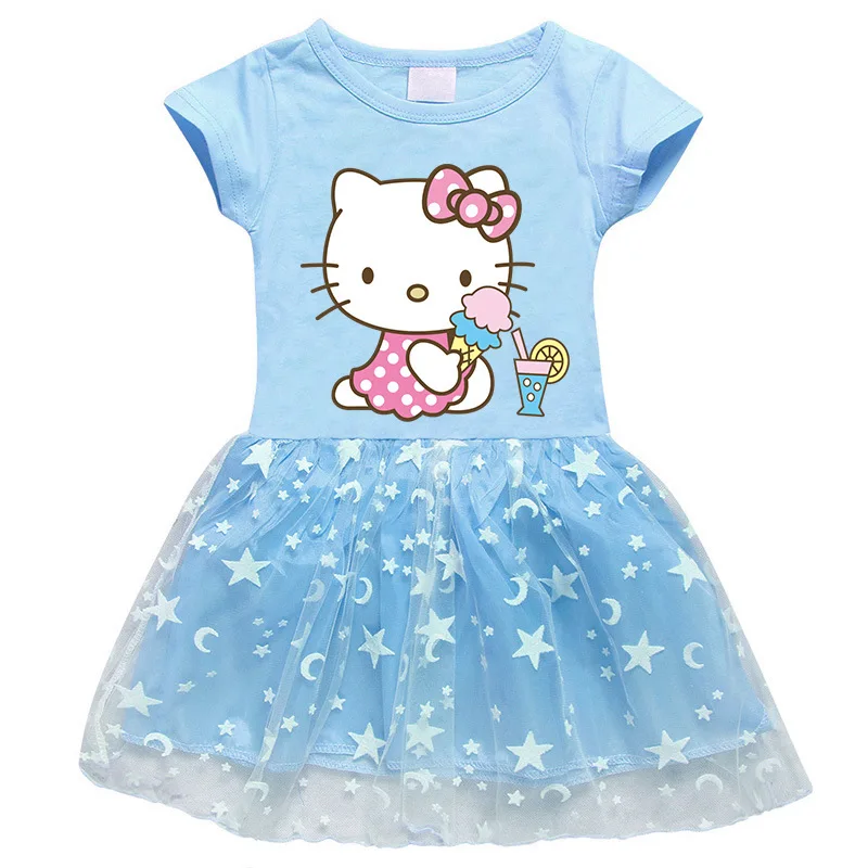thumbnail image 1 of Ropa para niños de Hello Kitty, falda de princesa a la moda de algodón puro, vestido plisado de manga corta con estampado de dibujos animados para niñas, 1 of 5
