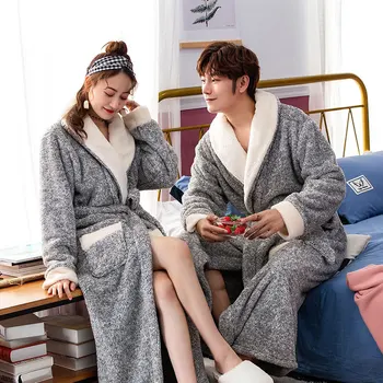 

Lovers Elegant Ankle-length Solid Flannel Kimono Robe Gown Nightdress Winter Keep Warm Sleepwear Bath Gown Casual Soft Homewear