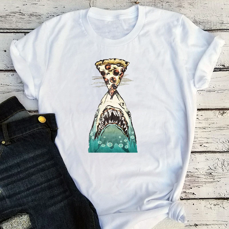 

Shark Tshirt Pizza Womens Clothing Thanksgiving Women Shark Tee 2020 Korean Vintage Tops Graphic Shirt Streetwear