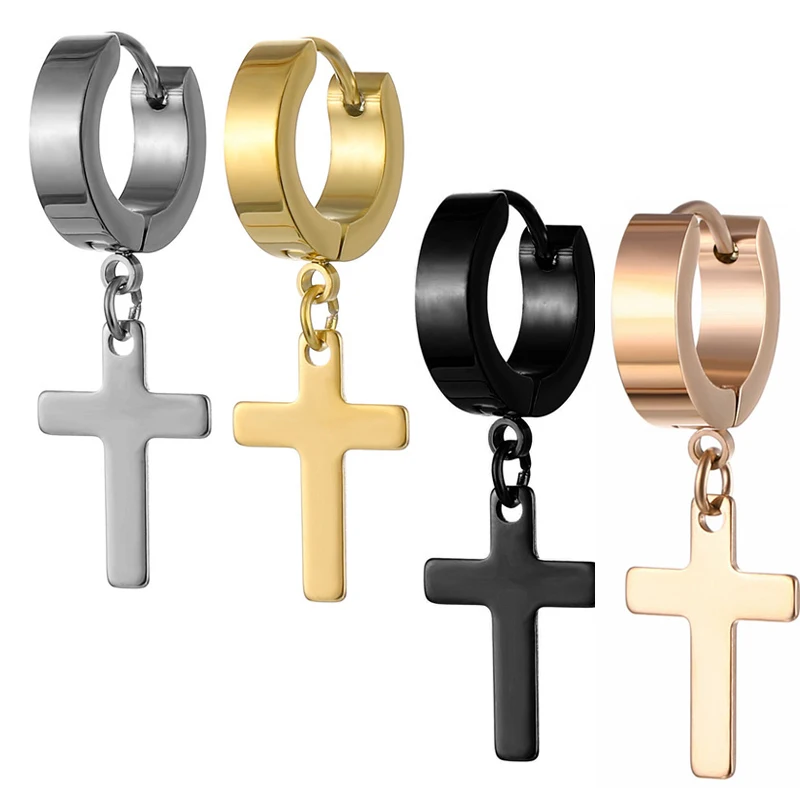 Punk Earrings Men Stainless Steel Dropping Cross Gothic Rock for Women