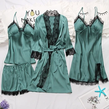 

Women Sexy Robe & Gown Set Lace Bathrobe + Night Dress 4 Pieces Sleepwear Women Sleep Set Faux Silk Robe Femme Lingerie pijama