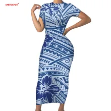 

WHEREISART Blue Polynesian Hibiscus Print Elegant Women Bodycon Dress Sexy Crewneck Club Fitted Dress Femme Casual Prom Robes