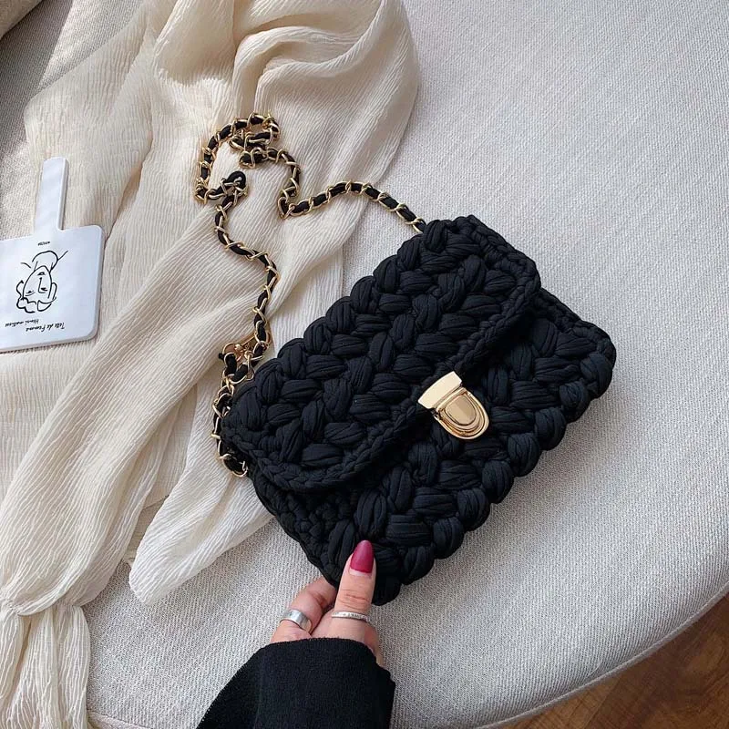 Multi color wool woven cotton colored thread Crocheted shoulder bag women's straddle bag chain strap shoulder bag women bag chain accessories metal bag chain pu leather decompression bag strap fashion diagonal shoulder bag with bag chain