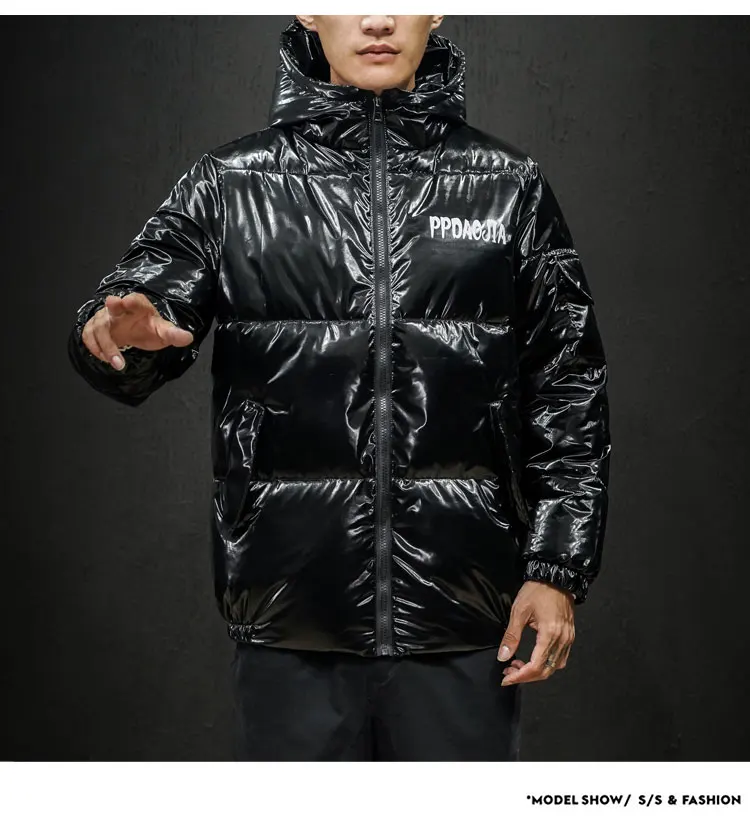 Новинка, модная зимняя мужская куртка, серебряное яркое глянцевое пальто, большой размер 5XL, толстая теплая хлопковая одежда с капюшоном, парка, куртки