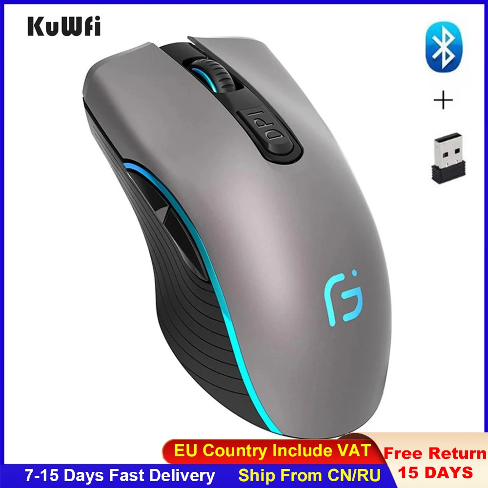 KuWFi Computer Mouse Bluetooth 4.0+2.4Ghz Mouse Wireless Dual Mode 2 In 1 2400DPI Ergonomic Portable Optical Mice for PC/Laptop good wireless mouse