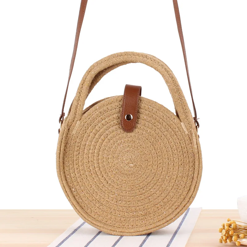 

2019 Handmade Cotton Linen Beach Bag Weaving Bamboo Bag Wood Top-handle Handbags Ladies Round Straw Bag Moon Shaped Wrapped Bags