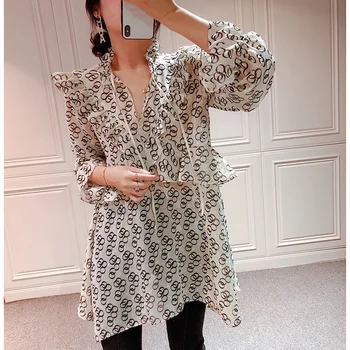 

Women Shirt 2020 New Shirt V-neck Shirt Gold Silk Print Shirt