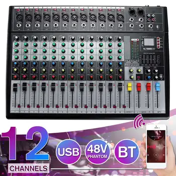 

bluetooth Audio Mixer 12 Channel Mixing Console Professional Live Studio Karaoke Player Amplifier with USB XLR 48V Phantom Power