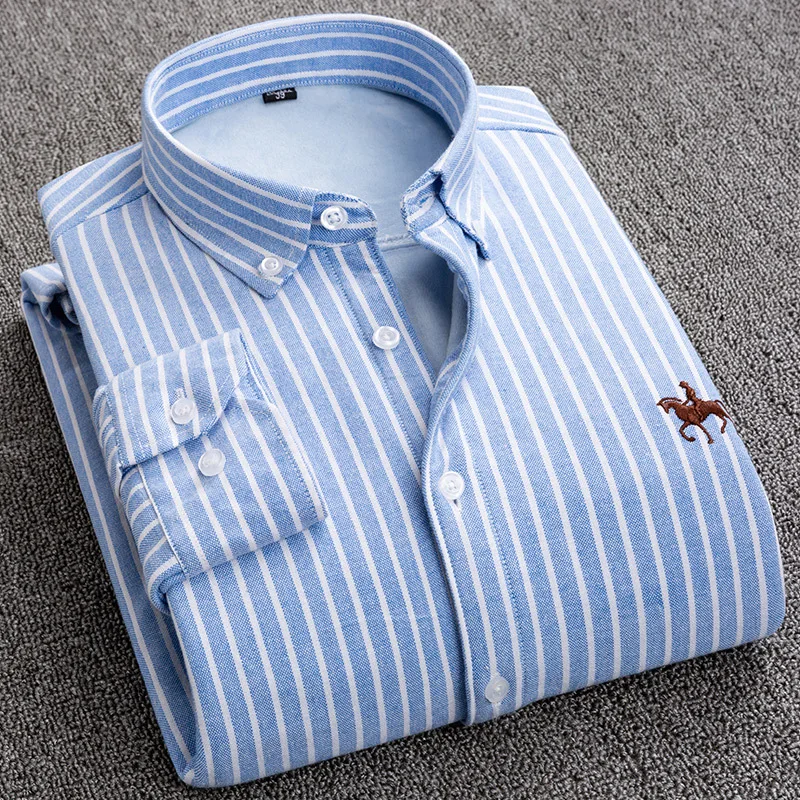 

Plus Size 6XL Winter Shirts Men 100% Cotton Add Wool Keep Warm Oxford Shirt Men's Fashion Striped Long Sleeved Shirt Male Blouse