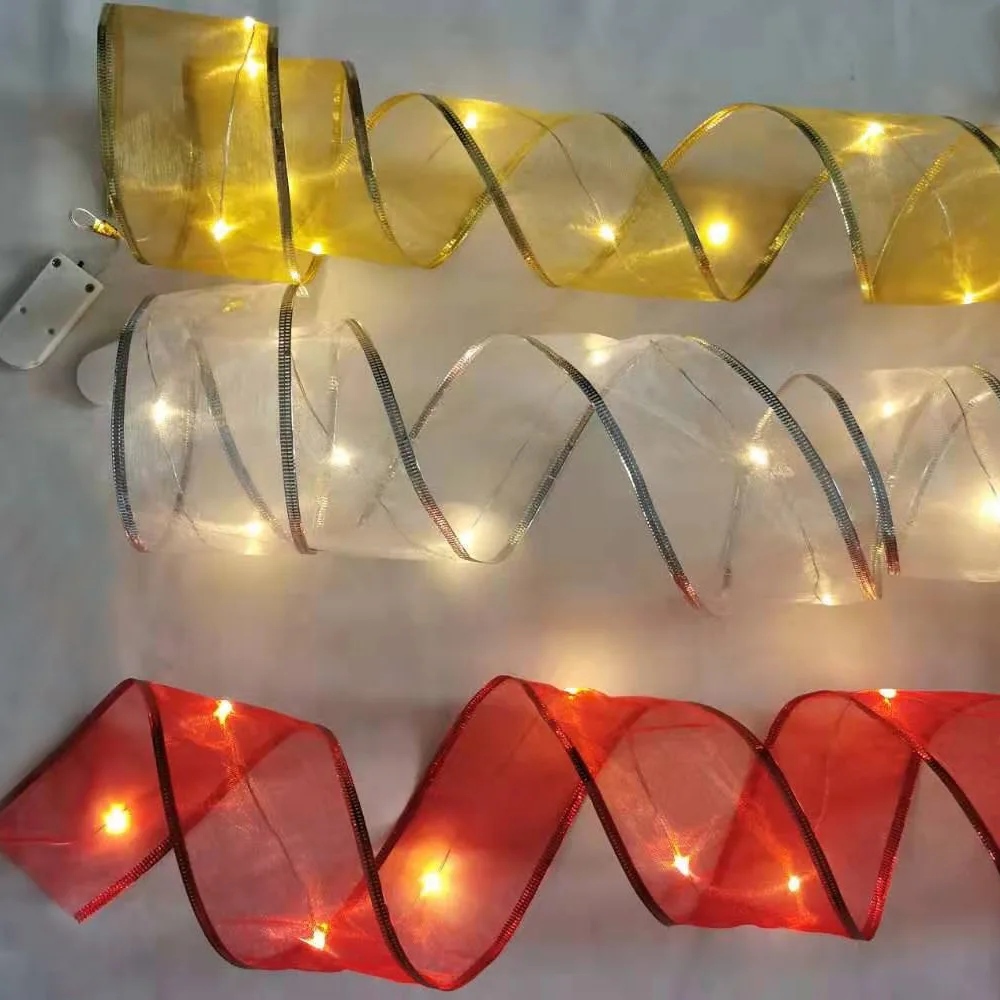 6.3cm*2m Double Layers Satin Ribbon Ribbons For Crafts Warm Light LED Christmas Ribbon Gold Silver Red Christmas Tree Decoration