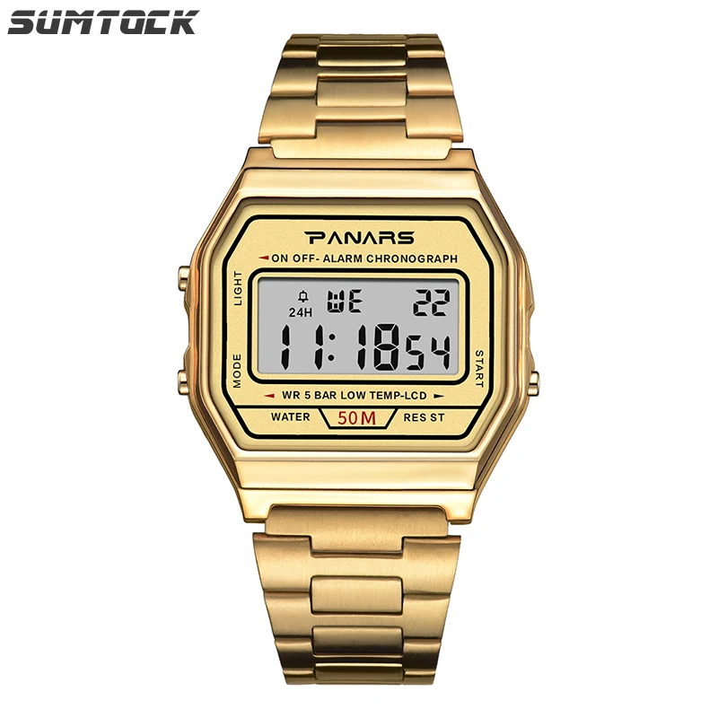 SUMTOCK Business Watch Digital Men Stopwatch Timing 50m Swimming Waterproof Metal Strap Gold Plating Process reloj hombre lige SUMTOCK Business Watch Digital Men Stopwatch Timing 50m Swimming Waterproof Metal Strap Gold Plating Process reloj hombre lige