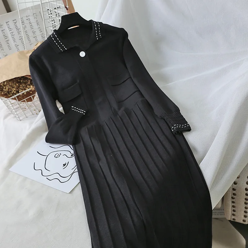 black length 100cm Sanishroly, осенне-зимнее женское длинное платье-свитер, ТРАПЕЦИЕВИДНОЕ вязаное платье, женское Плиссированное Платье-рубашка с длинным рукавом, Vestidos SE834 - Цвет: black length 100cm