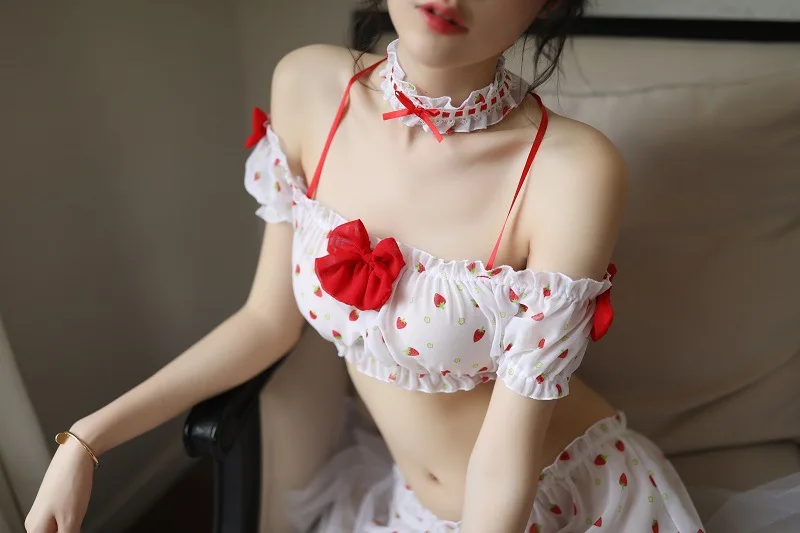 White new cute girl sexy lingerie Japanese strawberry pajamas suit night suit women sleepwear