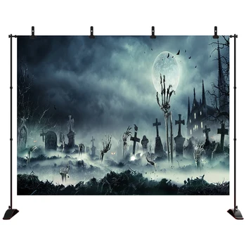 

Halloween mysterious full moon background scary tombstone skull hand castle Photography Backgrounds For Photo Studio Props