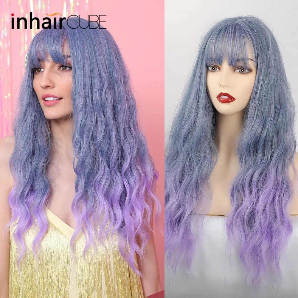 

Inhaircube Ombre Blue Colorful Hair With Bangs Long Water Wave Syntheic Wigs For Women Cosplay Lolita Wig Daily/Party Use