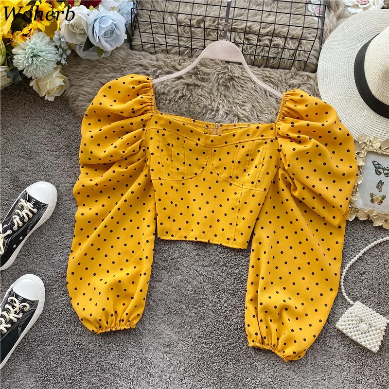 

Woherb Shirt Womens Tops and Blouses OL Elegant Polka Dot Print Crop Blouse Lady Long Puff Sleeve Blusas Korean Fashion Clothes