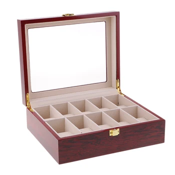 

10 Slots Wood Watch Display Case Holder Glass Top Jewelry Storage Organizer