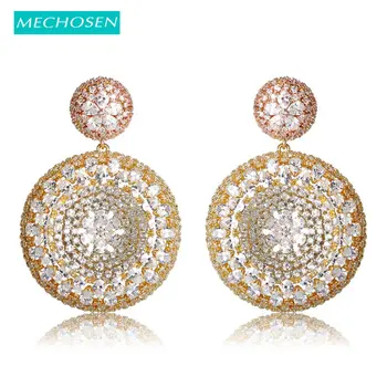 

MECHOSEN Luxury Round Flower Stud Earrings For Women Lady Wedding Decoration Three Tones Color Cubic Zirconia Brincos Oorbellen