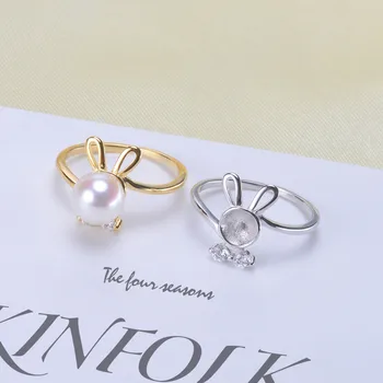 

Real 925 Sterling Silver Women Wedding Engagement Ring Adjustable Simple Round Pearl Ring Mounting