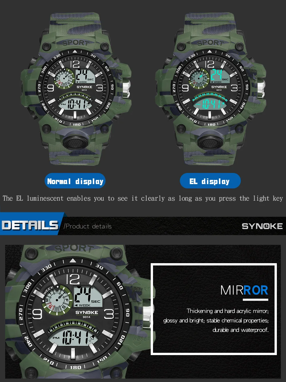 SYNOKE Men Sports Electronic Analog Digital Watch Multi Functional Dual Display Outdoor Waterproof Men's Watch Big Screen