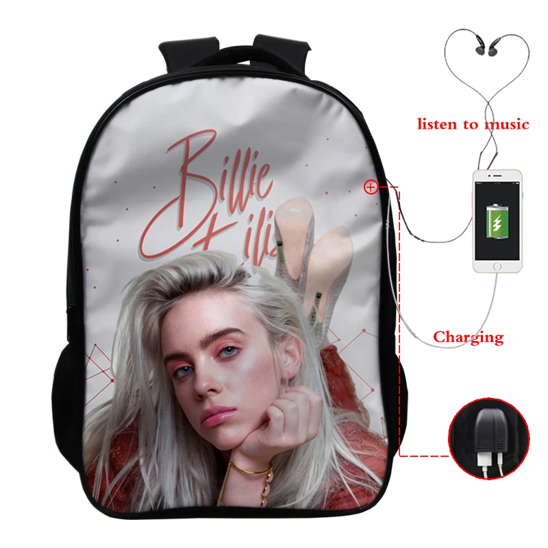 19 Sac Dos Mochila Billie Eilish рюкзаки для школы подростков девочек Книга сумка 3D печать usb зарядка 16 дюймов ноутбук plecak - Цвет: 19