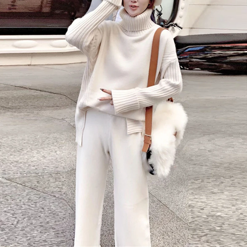sweater set Knitwear Wide Leg Pants Set New Style Fashion Solid Color Turtleneck Sweater Loose Wide Leg Pants Two Piece Women