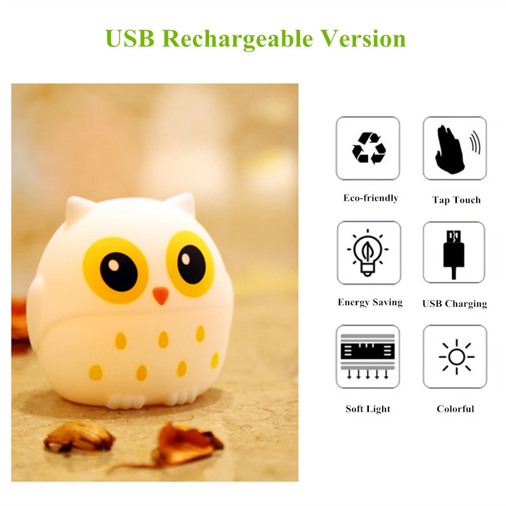 С милой совой светодиодный Ночной светильник сенсорный Сенсор 3 цвета USB Перезаряжаемые силиконовый чехол с персонажами из мультфильмов птицы прикроватная лампа для Для детей подарок для ребенка
