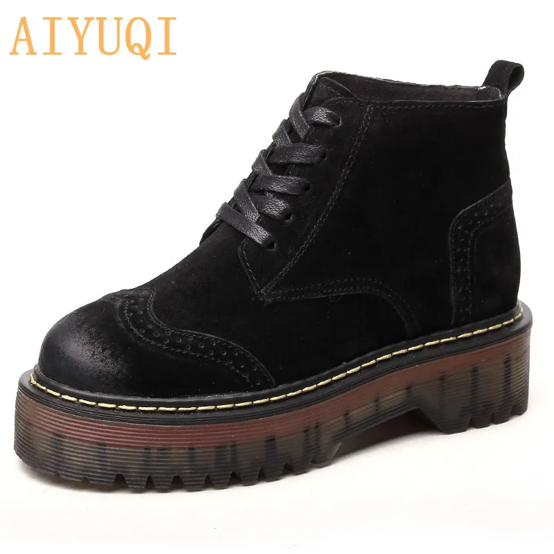 AIYUQI женские ботинки; Новинка года; зимние женские Ботинки martin на шнуровке; женские мотоциклетные ботинки из натуральной кожи; женские ботинки - Цвет: black fluff
