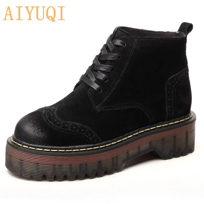 black fluff AIYUQI женские ботинки; Новинка года; зимние женские Ботинки martin на шнуровке; женские мотоциклетные ботинки из натуральной кожи; женские ботинки - Цвет: black fluff