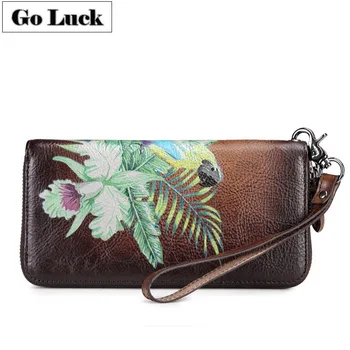 

GO-LUCK Brand Genuine Leather Wristlet Zipper Wallet Woman Cell Phone Pouch Cardholder Card Case Women's Purse Oil Painting